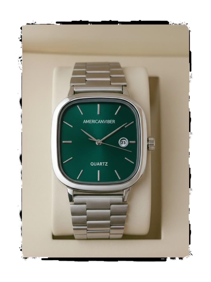AMERICANVIBER Men's Silver Watch with Stainless Steel Band Green - Image 1