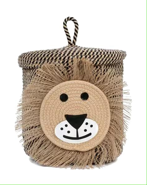 Image of Aroma Brand Kids Lid Basket with Beautiful Characters - Rope Storage Basket for Baby Diaper, Stuffed Animal Storage Bin Rope Basket for Kids Toy, Baby Laundry Baskets with Lid (Brown Lion)