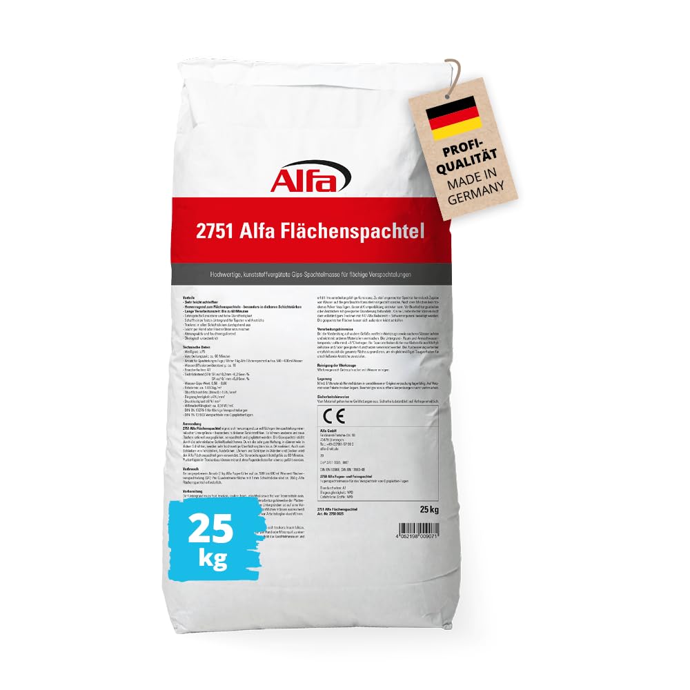 Alfa Flächenspachtel 25 kg – Spachtel-Masse zum Spachteln & Glätten | Profi-Qualität - Zum Spachteln und Glätten von Putz, Mauerwerk etc. - Optimal zum Flächenspachteln - Atmungsaktiv