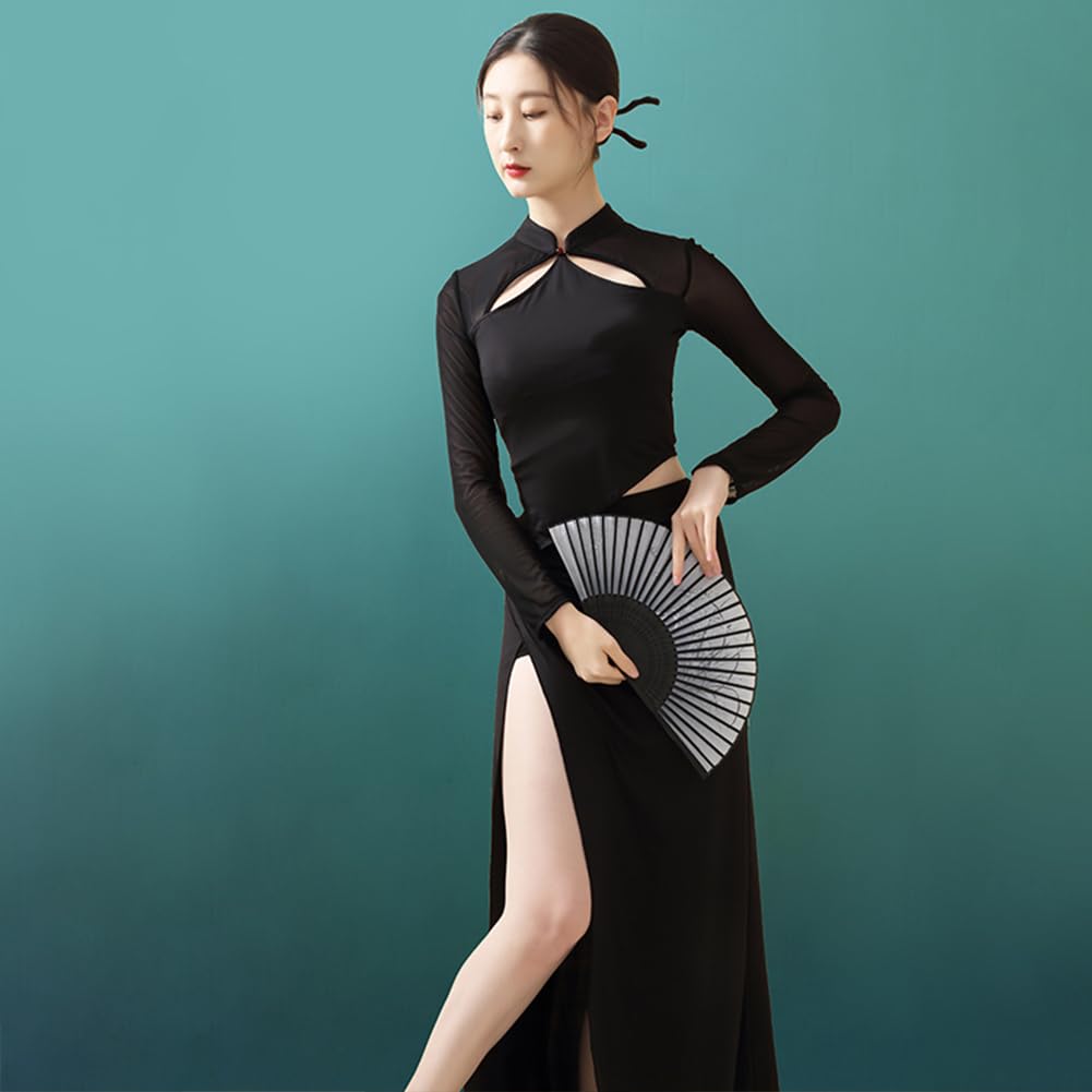 ROYAL SMEELA Chinesisches Qipao-Kleid für Damen, Cheongsam Mandarinenkragen, chinesische Kleider, traditionelle Kleidung, Schwarz