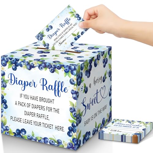 Teling 51 Pieces Diaper Raffle Tickets with Card Box Baby Shower Decorations Gender Reveal Holder Box for Girl Boy Diaper Raffle Party(A Berry Sweet Baby is on the Way)