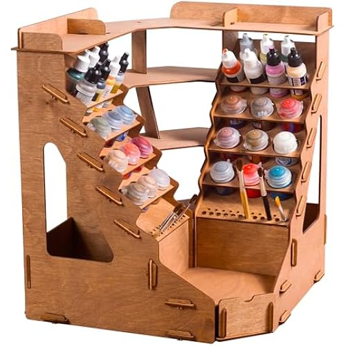 Plydolex Plywood Corner Model Paint Organizer - 32 Bottle & 46 Brush Slots Rack, 3 Shelves, 6 Stands & a Photo-Shooting Scene - Suits Tamiya, Vallejo, Citadel Paints - Works for Warhammer 40K, DnD