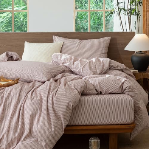 Image of MooMee Striped Duvet Cover Set 100% Washed Cotton Linen Like Queen | Relaxed Linen-like Texture. Soft, Breathable & Long-lasting Comfort. Lightweight. Hidden Zipper with 8 Interior Corner Ties