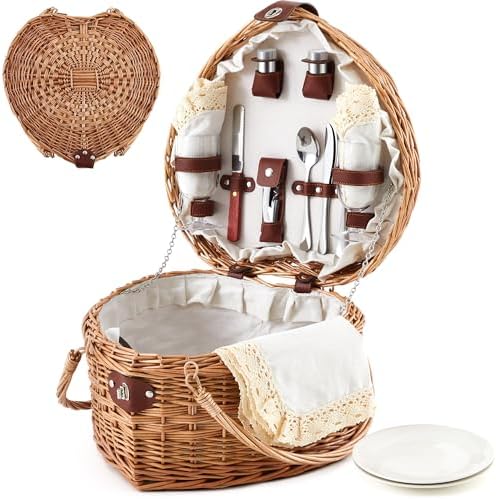 Willinglong Heart Picnic Basket with 2 Person Tableware Set Wicke...