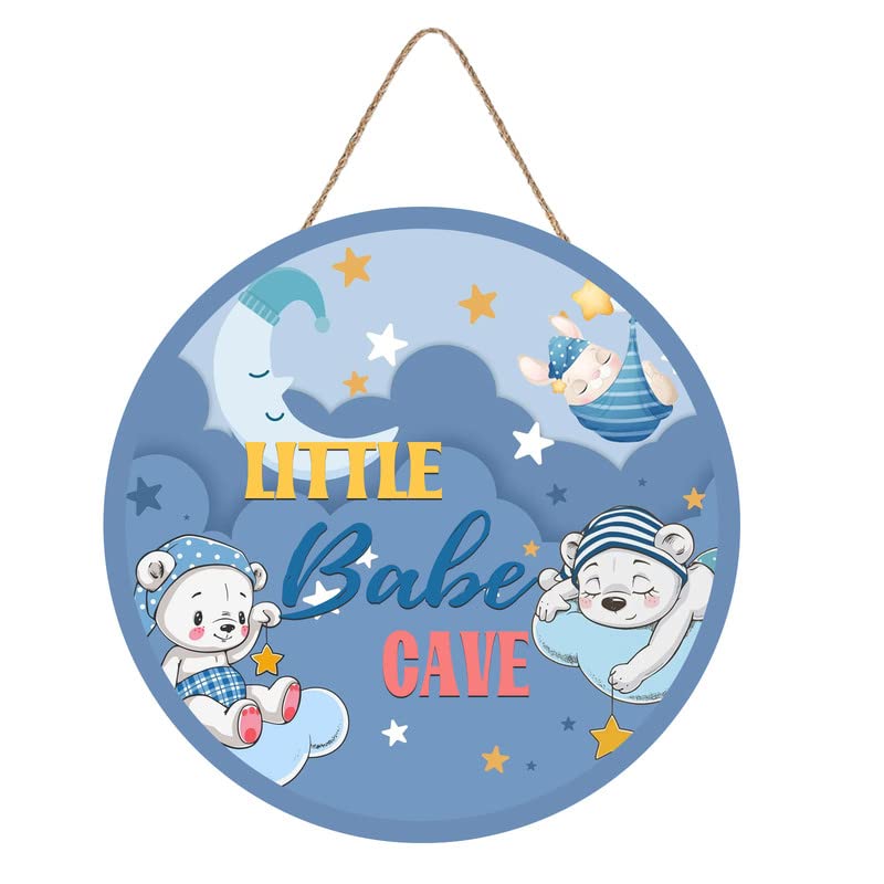 Cute Wooden Baby Room Door Decor Sign Hanging, Little Babe Cave Sign Plaque Wall Decor, Cloud, Star and Lovely Bear Pattern Door Hanger for Nursery Baby Shower, Pefect Gift for Kids (12*12 inch)