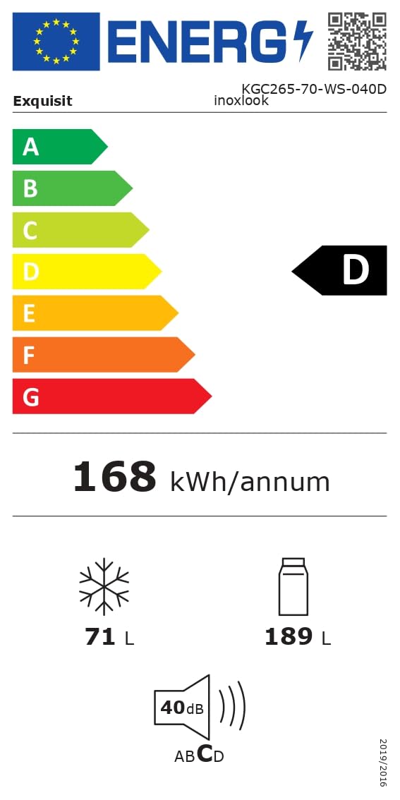 Exquisit® Frigorífico Combi, 260L, Clase D, Material Acero Inox, Dispensador de Agua, Cajón Verdulero, 4 Estantes de Cristal, Altura Regulable, Luz LED, Consumo 168 kWh/año, Medidas 179,5x55x56 Cm.