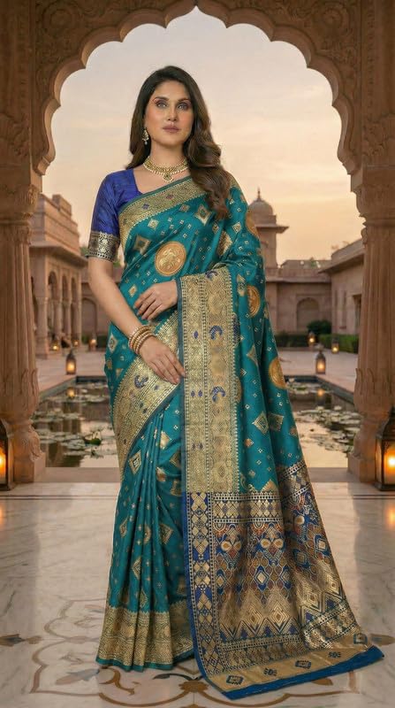 Image of C J Enterprise Women's Pure Soft Silk Saree With Blouse Piece For Wedding (Diamond-Patola)