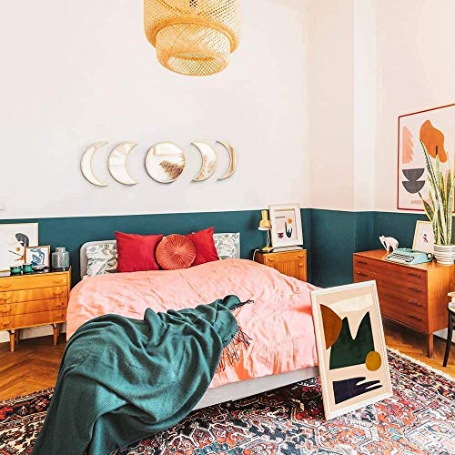 5 Pieces Scandinavian Natural Decor Acrylic Wall Decorative Mirror Interior Design Wooden Moon Phase Mirror Bohemian Wall Decoration For Home Living Room Bedroom Decor - Not Actual Mirror (Brown) #TOP4