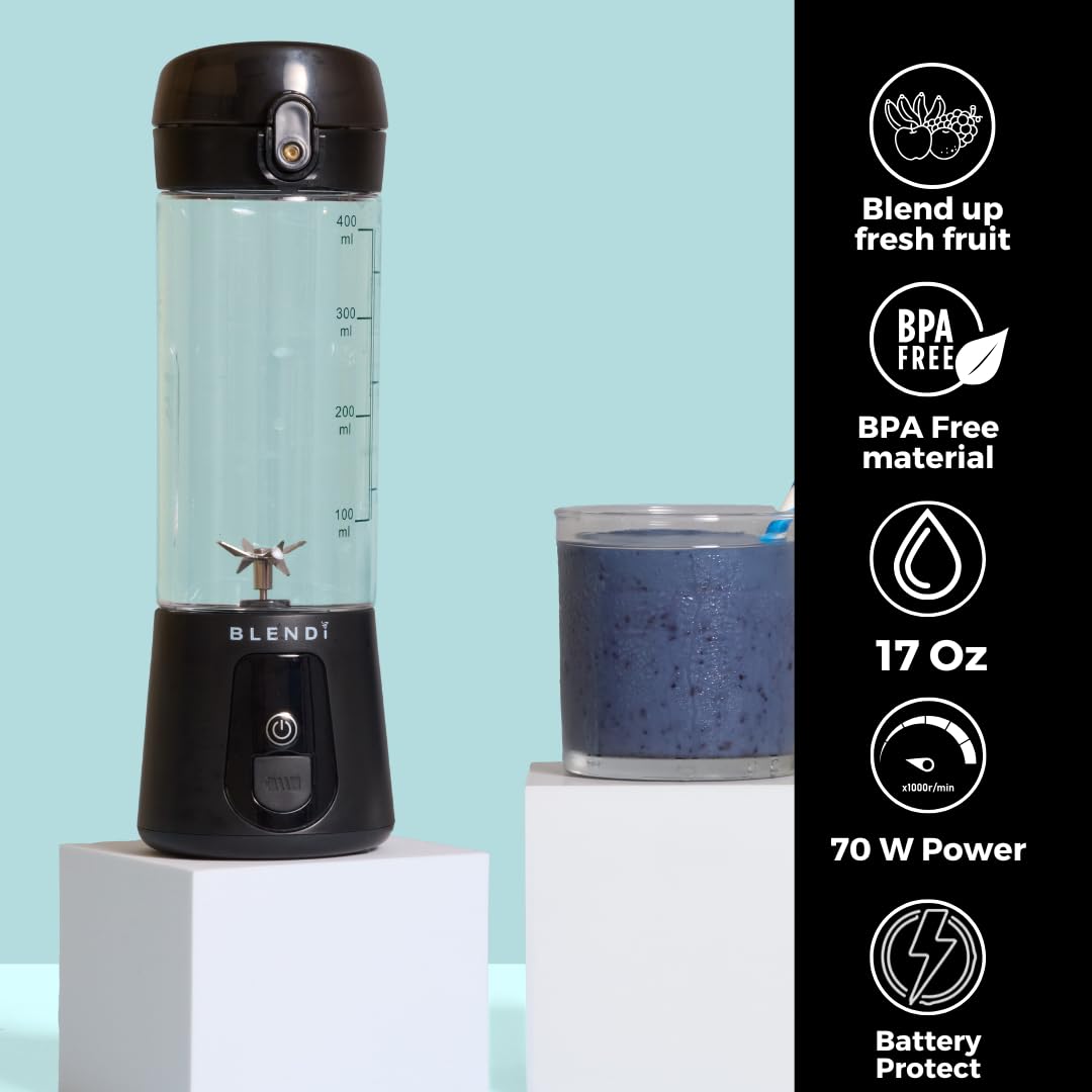 BLENDi Licuadora portátil Lite (17 onzas) – Recargable por USB, potente motor de 70 W para batidos, batidos de proteínas y más – Compacta, apta para viajes y sin BPA (negro)
