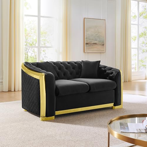 Image of KEIKI 62 inch Luxury Oversized Velvet Chesterfield Sofa with 2 Pillow & Gold Stainless Decoration, Italian Modern Style 2-Seater Button Tufted Couch with Rolled Arms, Easy Assembly, for Living Room, Black
