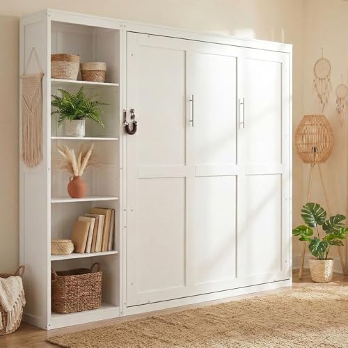 Image of Merax Space-Saving White Murphy Bed Queen Size with Adjustable Storage Shelves, Multifunctional Foldable Wall Bed for Small Spaces Studio Study Office Guest Room