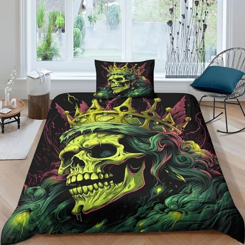 Juego de funda de edredon calavera 3D HOUKIG con dos fundas de almohada de microfibra para cama 2