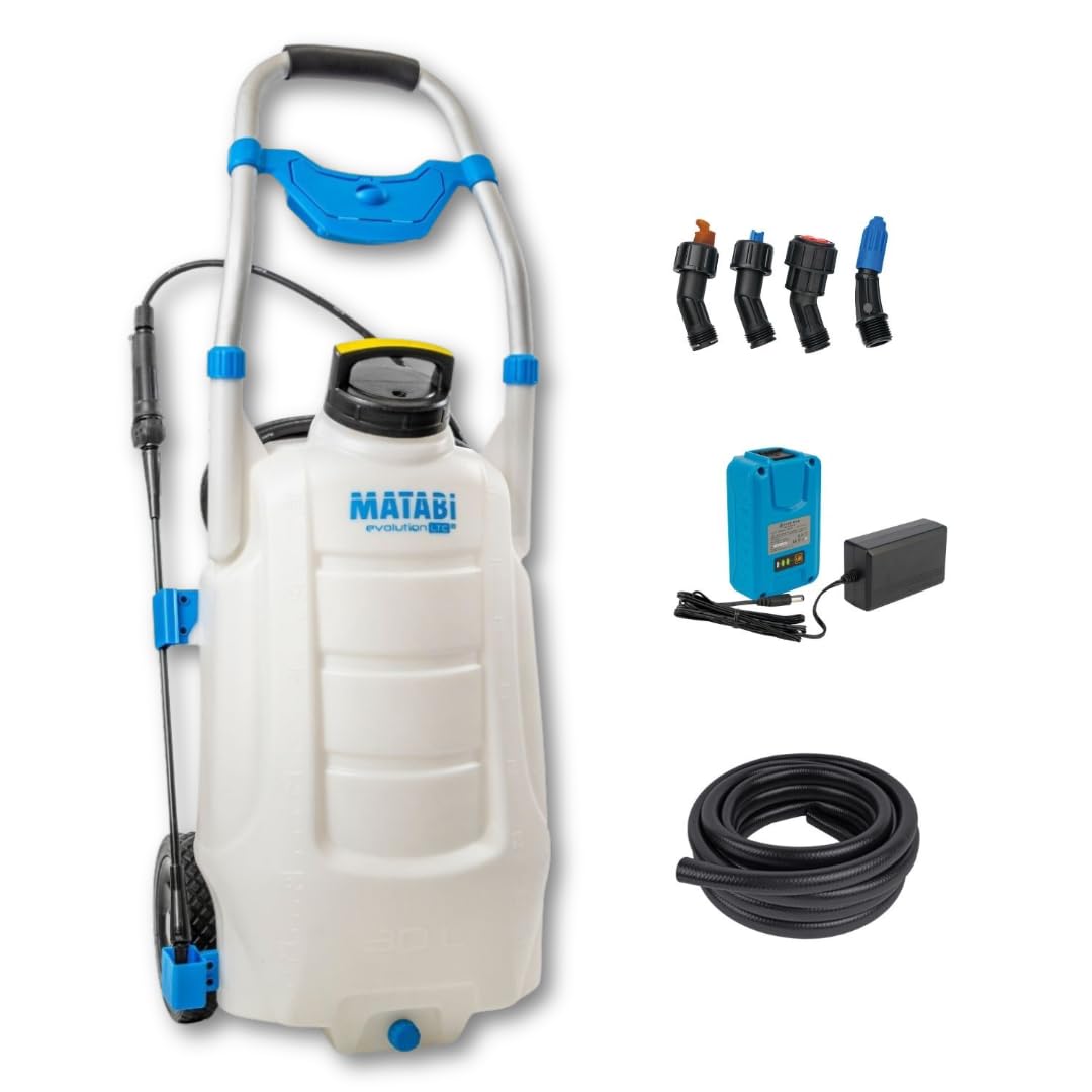 Matabi - Pulvérisateur Électrique Evolution 30 LTCS - Chariot de 30L - Contrôle Électronique - Utilisation Polyvalente en Potager et Jardin - Pompe et Buses Spécialisées - Fabriqué en Europe