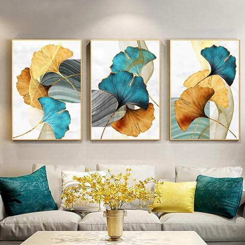 Feuille d'or bleu vert jaune sur toile triptyque haut de gamme LSYALUCK pour salon chic