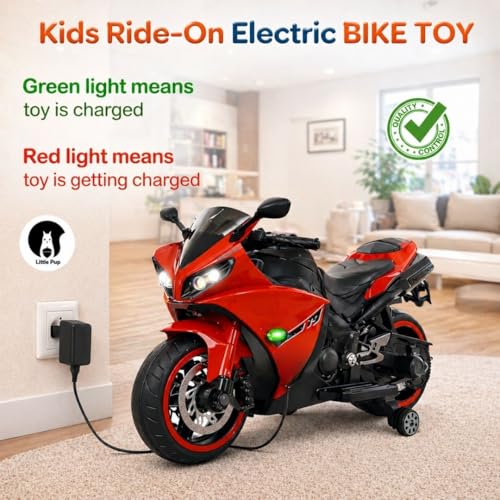 Image of LITTLE PUP 12V Battery Operated Ride on Bike for Kids of Age 2 to 8 Years- Electric Rechargeable Kids Bike with Hand Race, Music,Led Lights (RED)