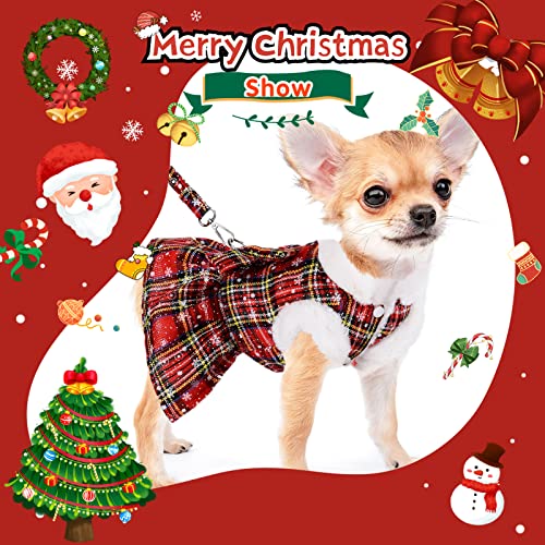 Christmas Dog Harness Dress With Leash Set Red Plaid Puppy Sweaters For Small Dogs Girl Winter Warm Pet Clothes Outfits Cute Bowknot Doggy Apparel Cat Holiday Xmas Party Costume (Medium, Red) #TOP5