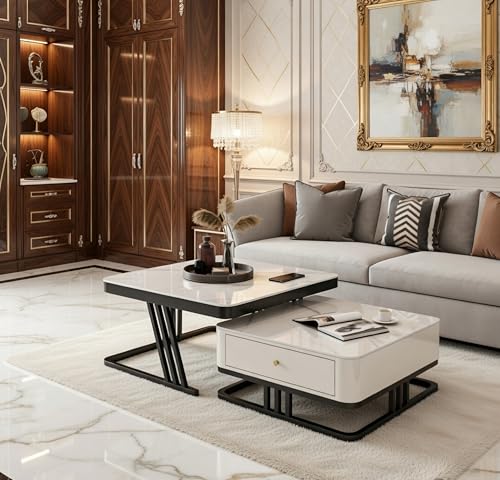 Image of Two Square Stacking Nesting Coffee Tables with Metal Frames, Wooden Tops, and Handcrafted Drawers Make up This Contemporary Centre Couch Table for Living Rooms bedrooms, & Apartments (Bk Wht)