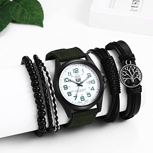 Avaner-Mens-Bracelet-Watch-Set-4-Pcs-Wrist-Watch-Bracelet-Set-Military-Nylon-Strap-Quartz-Watch-Black-Leather-Bracelets-Set-for-Men