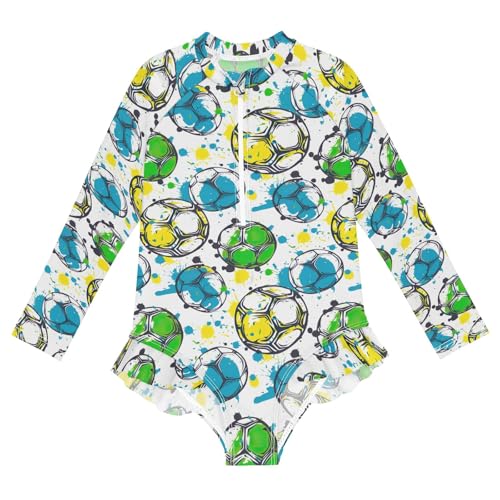 Grunge Football Soccer Girls One Piece Swimsuit Long Sleeve Sun Protection Rashguard Zipper Swimwear Sport Bathing Suit, Size 9-10