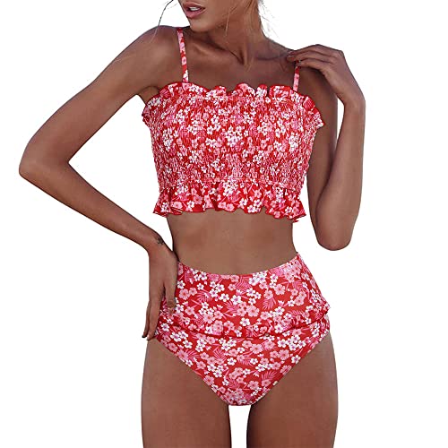 RXRXCOCO Womens Shirred Bandeau Bikini Cute Two Piece Swimsuit Off Shoulder High Waist Bathing Suit...
