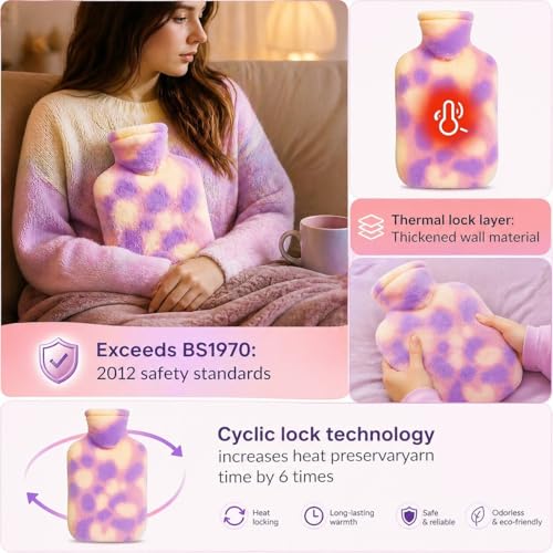 Image of Hot Water Bag with Soft Plush Cover 1000ml Medical Grade Silicone Hot Water Bottle for Period Cramps, Back Pain Relief, Hot & Cold Therapy, Muscle Aches & Full Body Relaxation Heating Pad (Lavender)