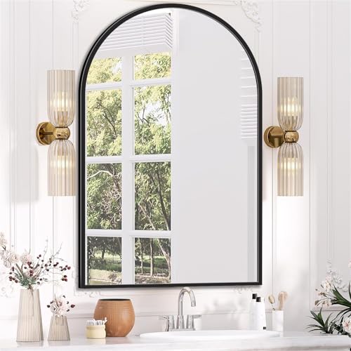 Image of Antok Arched Bathroom Mirror, 26 inchx38 inch Wall Mounted Mirror, Vanity Mirrors for Over Sink, Aluminum Alloy Frame Bathroom Mirrors Living Room, Bedroom and Entryway, Black