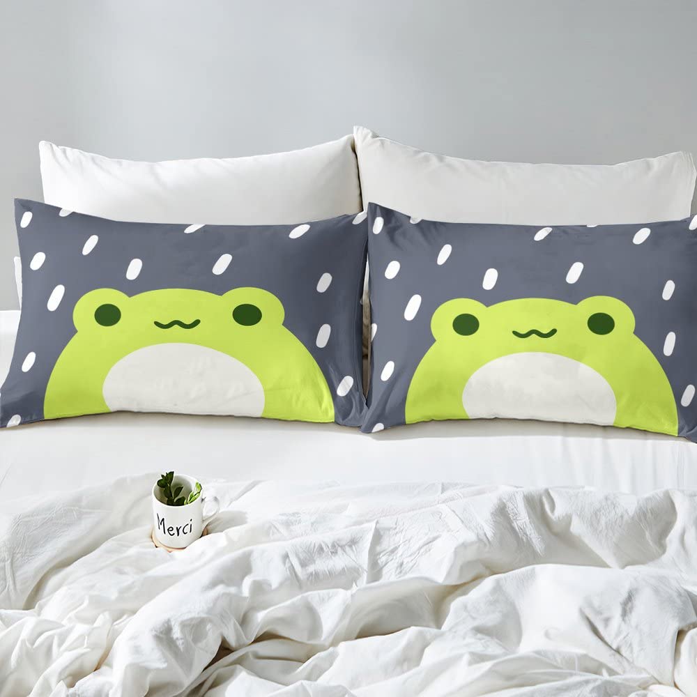 Loussiesd Cartoon Frog 3D Animals Duvet Set Rain Cute Animal Frog Green Gray Bedding Set For Kids Adults Down Comforter Ultra Soft Single Size - Image 4