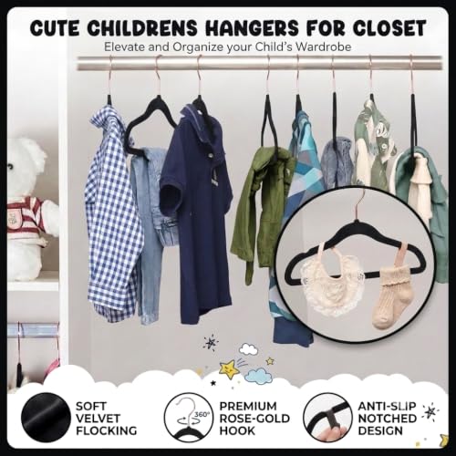 Image of 6 -Pcs Black Kids Velvet Hangers Premium 11-Inch Children's for Closet, Ultra-Thin and Cute, Non-Slip Felt Design, Small for Kids' Clothes.