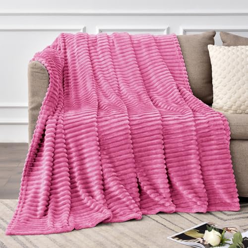 Image of BEDELITE Fleece Throw Blanket for Couch - 3D Ribbed Jacquard Soft and Warm Decorative Fuzzy Blanket - Cozy, Fluffy, Plush Lightweight Hot Pink Throw Blankets for Bed, Sofa, 50x60 inches