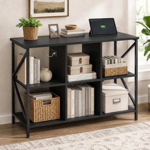 6 Cube Storage Organizer with Charge Station, Industrial Bookcase, Black