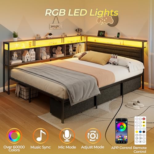Image of OURPIC Full Size Bed Frame with Headboard and Storage Drawers, Full Metal Platform Corner Bed Frame with Charging Station and LED Lights, Heavy Duty Strong Support Slats and Easy to Assemble, Gray