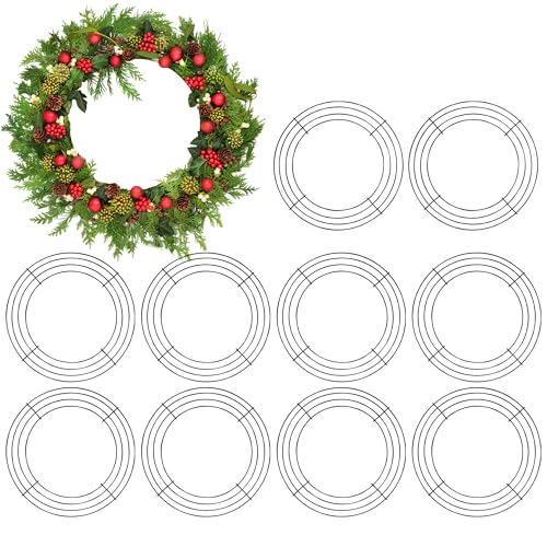 10PCS 10 Inch Wire Wreath Frame Round Form, Metal Wired Rings for Craft and DIY Base, Floral Decor for Outdoor Front Door, Christmas, Wedding, Home Party and New Year Celebration Supplies (Dark Green)