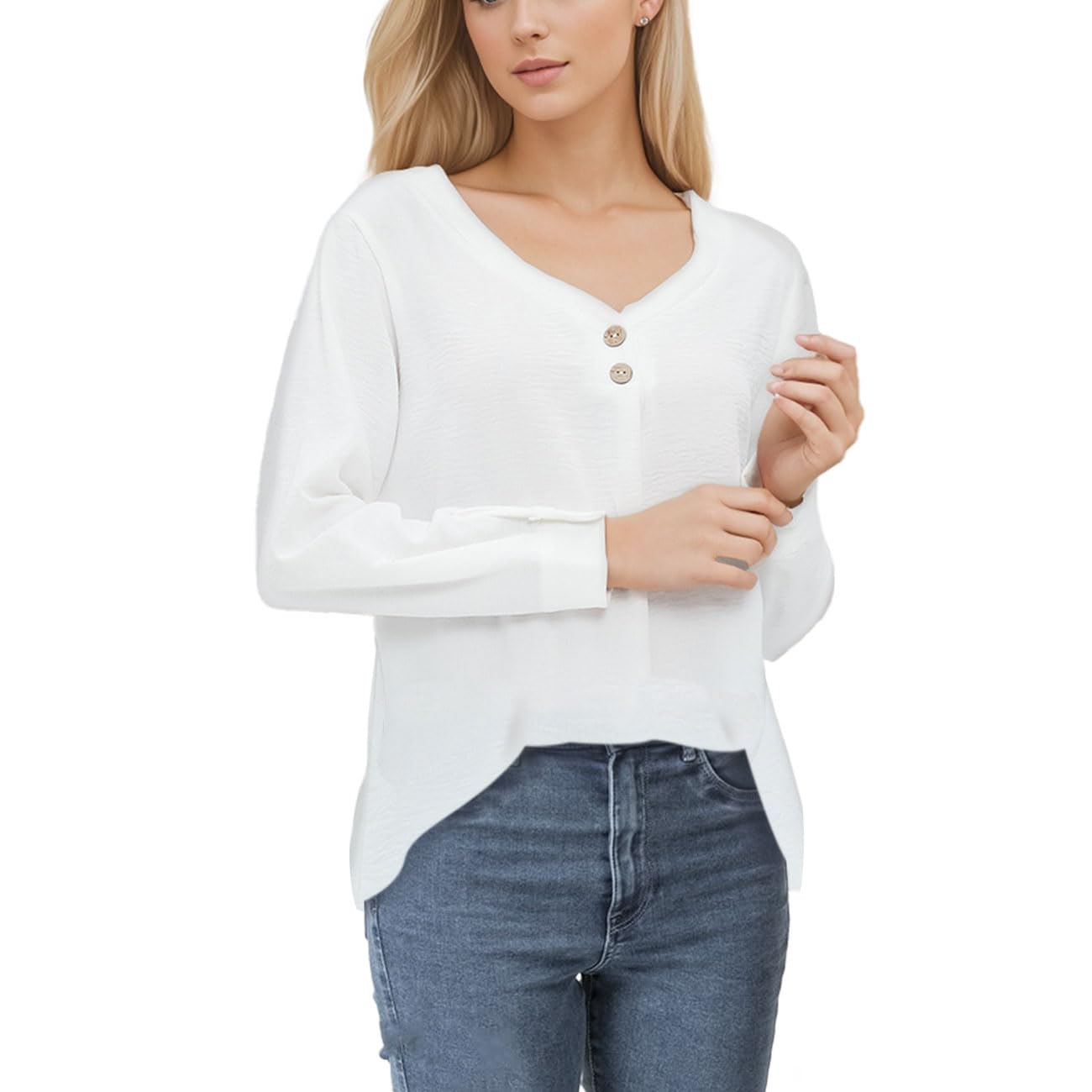 KONFEN Camiseta de Manga Larga Mujer, Blusa Camisa Cuello en V Botón Tops, Camisetas de Manga Larga Elegante Shirts Sueter Casual para Otoño Invierno Primavera, Blanco/Negro, S-XL