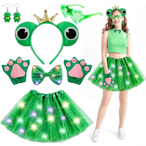 8 Piezas Disfraz de Animales Rana Accesorios,Diadema de rana, Pendientes de rana,Gafas con forma de corazón,Pajarita,Guantes,Falda de gasa de mujer para Carnaval Disfraz Fiesta Temática Halloween