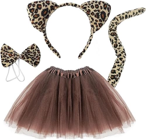 Fartoni Deguisement Leopard Fille. Tigresse Chat Fille ou Femme Avec Diadème, Nœud Papillon, Jupe et Queue Accessoires Pour Déguisement De Chat ou Animaux...