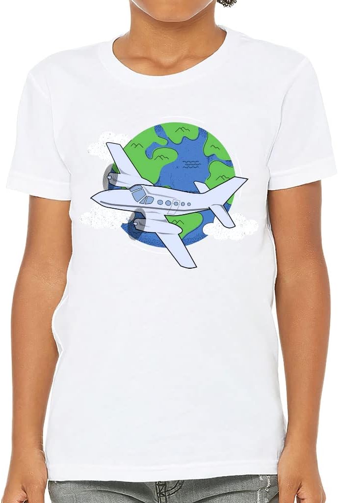 Planet Print Kids' T-Shirt - Earth T-Shirt - Airplane Tee Shirt for Kids