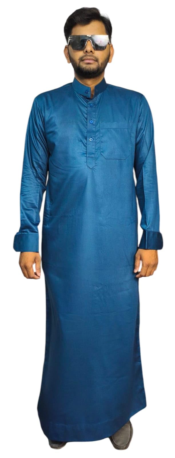Men's Traditional Saudi Style Thobe, Dark Blue Cotton Full Length Kurta, Round Neck, Full Sleeve, Regular Fit, Casual Islamic Wear