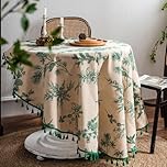 Green Pine Branch Print 150CM Round Tablecloth with Tassels - Boho Decor for Circular Tables, Xmas