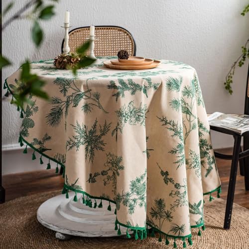 Green Pine Branch Print 150CM Round Tablecloth with Tassels - Boho Decor for Circular Tables Xmas