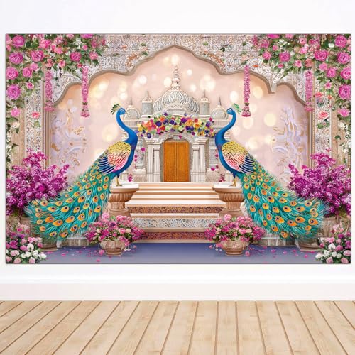 Image of India Peacock Backdrop, Boho Pink Floral Palace Decorations, India Wedding India Ceremony Party Decoration Bridal Shower Photography Decoration Wall Decor Fabric Photography Background 7X5FT