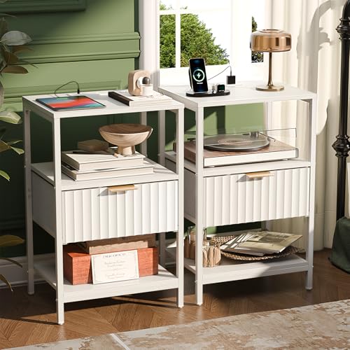 Image of VINGLI Nightstands Set of 2 with Fabric Drawer, White Nightstands with Charging Station, Fluted Night Stand /Bedside Table, Small Night Stand for Bedroom, Bed Side Table with Charging Station, 2 pcs