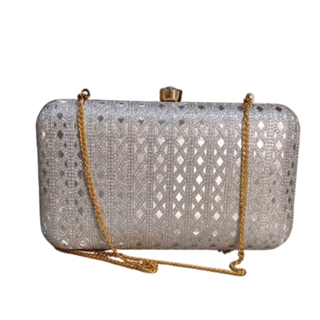 Women Shimmery Texture Clutch With Gold Chain-image-4