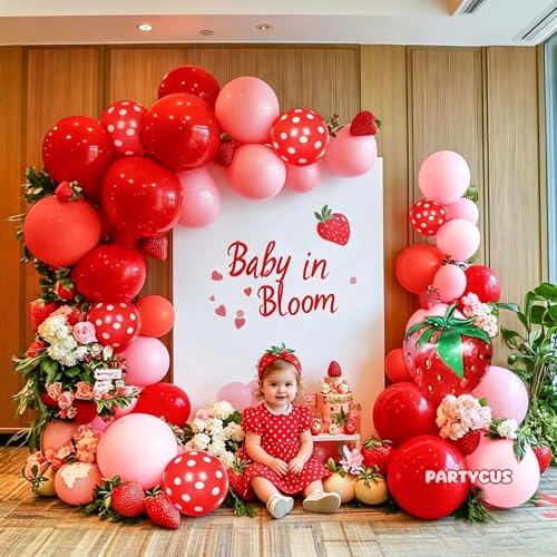 Image of Strawberry Balloon Arch Kit Double Stuffed, Pastel Red Baby Pink Coral Balloon Garland with 18in Strawberry Foil for Berry First Birthday Baby Shower Sweet Mothers Day Wedding Party