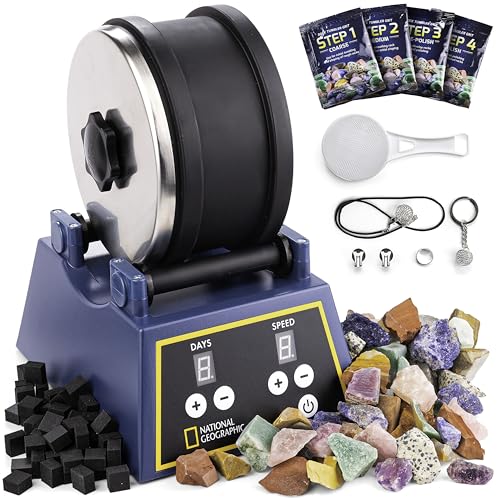 National Geographic Steintrommel-Set - Extra große 1 36 kg Kapazität 1 36 kg ungeschliffene Edelsteine 4 Polierstärken Schmuckbefestigungen EIN pädagogisches Mint-Wissenschafts-Set