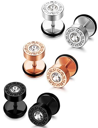 FIBO STEEL 3 Pairs Stainless Steel Mens Stud Earrings for Men Women Ear