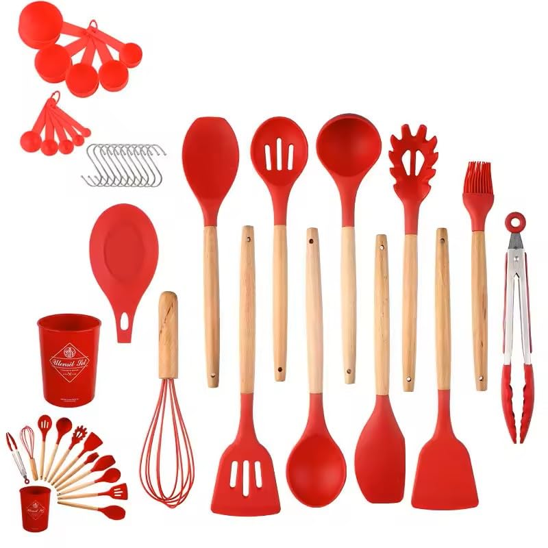 Image of Artek 33 Pieces Kitchen Cooking Utensils Set, 33 pcs Non-Stick Silicone Cooking Kitchen Utensils Spatula Set with Holder, Wooden Handle Silicone Kitchen Gadgets Utensil Set (Red)