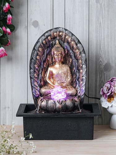 Image of Gold Brown Polyresin Table Top Meditating Buddha Indoor Waterfall Fountain for Home Decor with LED Light, Speed Control Pump & Crystal Ball (Size: 29 x 22 x 39CM | Wt: 2140Gram)