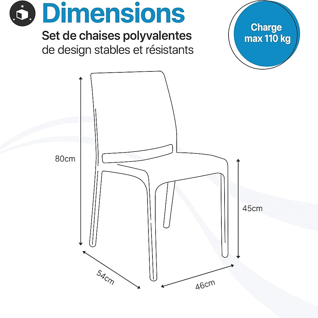 Tomaino - Chaise de cuisine en plastique - Lot de 6 chaises empilables en plastique avec accoudoirs pour l'extérieur et l'intérieur - Chaises pour jardin, salon, balcon ou bar - Noir