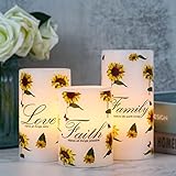 DRomance Sunflower Flameless Flickering Candles with 6H Timer, Set of 3 Battery Operated White Real Wax LED Pillar Candles Party Dinner Wedding Spring Decor(3 x 4,5,6 Inches)