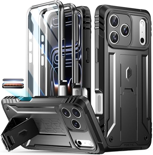 Image of Poetic for iPhone 17 Pro Case with Camera Control Capture Button, [Built-in Stand] [Built-in Screen Protector] Full-Body Military Grade Rugged Phone Case for iPhone 17 Pro, Black